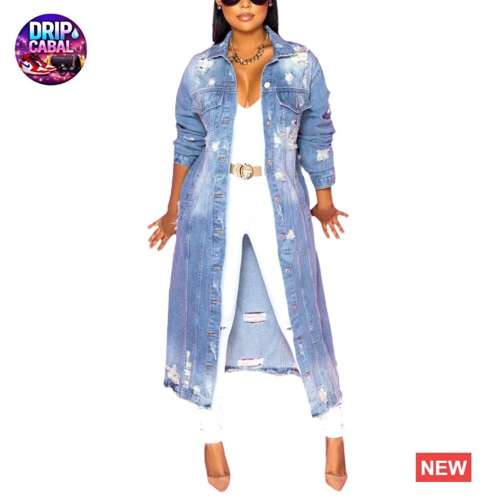 Ripped Holes Maxi Long Denim Jacket Trench Coat Vintage Y2K Streetwear
